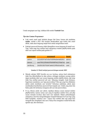 Untuk menginput user lagi, silahkan klik tombol Tambah User.
Tips dan Catatan Programmer:
• Link untuk email agak berbeda dengan link biasa, karena ada tambahan
mailto, setelah a href. Hal tersebut dimaksudkan agar ketika link email
diklik, maka akan langsung tampil form untuk mengirimkan email.
• Enkripsi password biasanya tidak ditampilkan secara langsung di tampil user.
Tapi, Anda tetap bisa melihat hasil enkripsinya melalui phpMyAdmin pada
tabel user seperti terlihat pada gambar 8.5.
Gambar 8.5 Hasil enkripsi password dengan metode MD5
• Metode enkripsi MD5 bersifat one-way hashing, artinya hasil enkripsinya
tidak bisa dikembalikan ke data aslinya, sehingga meskipun seorang admin
dapat membuka tabel user secara langsung melalui phpMyAdmin, tapi tetap
tidak bisa melihat password asli user. Sekarang mungkin Anda bertanya,
bagaimana seandainya user lupa passwordnya? Dan apa yang bisa dilakukan
admin untuk membantu user tersebut? Solusinya sederhana, admin akan
membuatkan/memberikan password baru kepada user. Inilah yang akan kita
bahas pada trik berikutnya mengenai edit user dan passwordnya.
• O iya, khusus untuk user admin, inputkan datanya secara manual melalui
phpMyAdmin, karena semua user yang di inputkan melalui form_user.php
secara otomatis levelnya akan terisi user (default). Dalam perkembangan
selanjutnya, kita bisa mengembangkan menjadi beberapa level user lagi yang
lebih kompleks, misalnya user 1 hanya bisa melihat data saja tanpa bisa
mengedit dan menghapus atau user 2 hanya bisa mengakses modul berita dan
agenda saja, dan seterusnya.
10
 