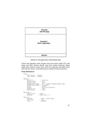 Gambar 8.17 Kerangka desain untuk halaman login
Teknik yang digunakan untuk mengatur layout dari desain adalah CSS, pada
bagian atas diberi identitas #header yang berisi gambar header.jpg, bagian
tengah diberi identitas #content berisi skrip form_login.php, dan bagian bawah
diberi identitas #footer. Untuk lebih jelasnya, buatlah dua buah skrip berikut:
Skrip adminstyle.css
body{
text-align : center;
font-family : Tahoma;
}
#header {
position : relative;
margin-right : auto;
margin-left : auto;
background-image : url(../admin/images/header.jpg);
background-repeat : no-repeat;
width : 780px;
border : 2px solid #265180;
padding-top : 70px;
text-align : left;
}
#content {
margin-left : 230px;
padding : 20px 10px 0 0;
}
#footer {
padding : 20px 0 10px 255px;
font-size : 70%;
color : #FFFFFF;
31
 