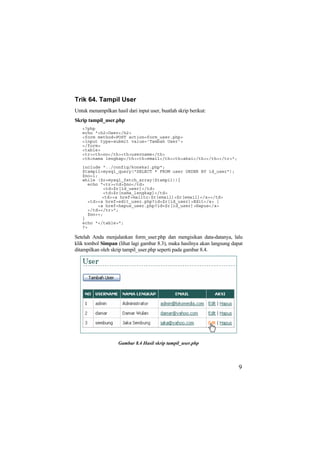 Trik 64. Tampil User
Untuk menampilkan hasil dari input user, buatlah skrip berikut:
Skrip tampil_user.php
<?php
echo "<h2>User</h2>
<form method=POST action=form_user.php>
<input type=submit value='Tambah User'>
</form>
<table>
<tr><th>no</th><th>username</th>
<th>nama lengkap</th><th>email</th><th>aksi</th></th></tr>";
include "../config/koneksi.php";
$tampil=mysql_query("SELECT * FROM user ORDER BY id_user");
$no=1;
while ($r=mysql_fetch_array($tampil)){
echo "<tr><td>$no</td>
<td>$r[id_user]</td>
<td>$r[nama_lengkap]</td>
<td><a href=mailto:$r[email]>$r[email]</a></td>
<td><a href=edit_user.php?id=$r[id_user]>Edit</a> |
<a href=hapus_user.php?id=$r[id_user]>Hapus</a>
</td></tr>";
$no++;
}
echo "</table>";
?>
Setelah Anda menjalankan form_user.php dan mengisikan data-datanya, lalu
klik tombol Simpan (lihat lagi gambar 8.3), maka hasilnya akan langsung dapat
ditampilkan oleh skrip tampil_user.php seperti pada gambar 8.4.
Gambar 8.4 Hasil skrip tampil_user.php
9
 