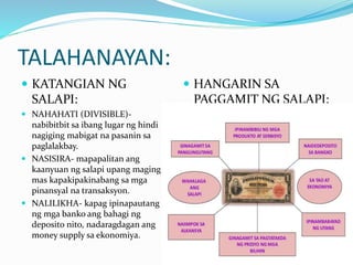 TALAHANAYAN:
 KATANGIAN NG
SALAPI:
 NAHAHATI (DIVISIBLE)-
nabibitbit sa ibang lugar ng hindi
nagiging mabigat na pasanin sa
paglalakbay.
 NASISIRA- mapapalitan ang
kaanyuan ng salapi upang maging
mas kapakipakinabang sa mga
pinansyal na transaksyon.
 NALILIKHA- kapag ipinapautang
ng mga banko ang bahagi ng
deposito nito, nadaragdagan ang
money supply sa ekonomiya.
 HANGARIN SA
PAGGAMIT NG SALAPI:
 