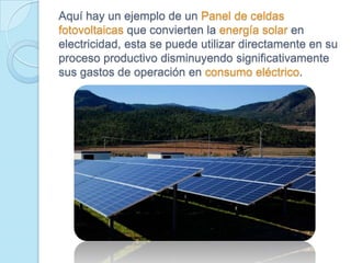 Aquí hay un ejemplo de un Panel de celdas
fotovoltaicas que convierten la energía solar en
electricidad, esta se puede utilizar directamente en su
proceso productivo disminuyendo significativamente
sus gastos de operación en consumo eléctrico.
 
