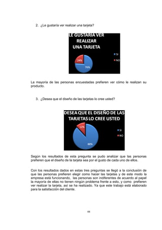 2. ¿Le gustaría ver realizar una tarjeta?




La mayoría de las personas encuestadas prefieren ver cómo le realizan su
producto.


   3. ¿Desea que el diseño de las tarjetas lo cree usted?




Según los resultados de esta pregunta se pudo analizar que las personas
prefieren que el diseño de la tarjeta sea por el gusto de cada uno de ellos.


Con los resultados dados en estas tres preguntas se llegó a la conclusión de
que las personas prefieren elegir como hacer las tarjetas y de este modo la
empresa está funcionando, las personas son indiferentes de acuerdo al papel
la mayoría de ellas no tienen ningún problema frente a esto, y como prefieren
ver realizar la tarjeta, así se ha realizado. Ya que este trabajo está elaborado
para la satisfacción del cliente.




                                       44
 