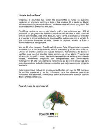 Historia de Corel Draw3

Imagínate lo aburridos que serían los documentos si nunca se pudieran
combinar en el mismo archivo el texto y los gráficos. O si pudieras dibujar
formas o crear diagramas detallados, pero nunca con el mismo programa. Así
estaban las cosas antes de CorelDraw...

CorelDraw cautivó al mundo del diseño gráfico por ordenador en 1989 al
presentar un programa de diseño e ilustración de vectores a todo color—el
primero del mercado. Dos años después, Corel volvió a revolucionar el sector
al presentar la primera solución de diseño gráfico todo en uno con la versión 3,
que combinaba ilustración vectorial, diseño de páginas, edición de fotos y
mucho más en un solo paquete.

Más de 20 años después, CorelDraw® Graphics Suite X6 continúa innovando
en diseño con el lanzamiento de su versión más sólida y eficaz hasta la fecha.
Ofrece un enorme abanico de nuevas funciones, herramientas de diseño y
plantillas para que tus diseños estén siempre en primer plano. Presenta un
eficaz motor tipográfico nuevo, herramientas versátiles de estilos y armonías de
colores, rendimiento mejorado con compatibilidad con procesadores
multinúcleo y 64 bits y una completa herramienta de diseño de sitios web para
todos los públicos: todas funciones excelentes que mejoran cualquier proyecto
de diseño.

Esta versión sigue incluyendo amplia compatibilidad con más de 100 formatos
de archivo populares y se ha optimizado para los sistemas operativos
Windows® más recientes, continuando así su tradición como solución líder de
diseño gráfico profesional.



Figura 5. Logo de corel draw x3




3
    Tomado de:

                                       28
 