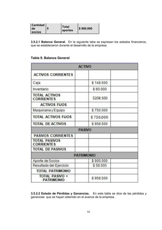 Cantidad
                      Total
de       5                        $ 900.000
                      aportes
socios


3.5.2.1 Balance General. En la siguiente taba se expresan los estados financieros,
que se establecieron durante el desarrollo de la empresa.



Tabla 9. Balance General




3.5.2.2 Estado de Pérdidas y Ganancias. En esta tabla se dice de las pérdidas y
ganancias que se hayan obtenido en el avance de la empresa.



                                        61
 