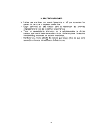 5. RECOMENDACIONES

 Luchar por mantener un estado financiero en el que aumenten las
  ganancias para que la empresa sea factible.
 Elegir personas de alta calidad para la realización del proyecto
  empresarial a la hora de conformar una empresa.
 Tener un conocimiento adecuado, en la administración de dichas
  cuentas y procesos financieros relacionados con la empresa, para evitar
  confusiones y errores en los estados financieros.
 Mantener una mente abierta de manera que tengan idea, de que es lo
  que quieren innovar para el futuro de la empresa.




                                 68
 