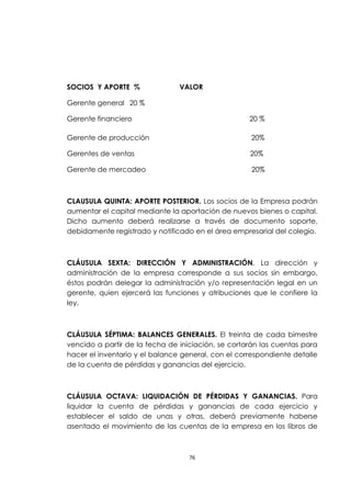 SOCIOS Y APORTE %               VALOR

Gerente general 20 %

Gerente financiero                                  20 %

Gerente de producción                               20%

Gerentes de ventas                                  20%

Gerente de mercadeo                                  20%



CLAUSULA QUINTA: APORTE POSTERIOR. Los socios de la Empresa podrán
aumentar el capital mediante la aportación de nuevos bienes o capital.
Dicho aumento deberá realizarse a través de documento soporte,
debidamente registrado y notificado en el área empresarial del colegio.



CLÁUSULA SEXTA: DIRECCIÓN Y ADMINISTRACIÓN. La dirección y
administración de la empresa corresponde a sus socios sin embargo,
éstos podrán delegar la administración y/o representación legal en un
gerente, quien ejercerá las funciones y atribuciones que le confiere la
ley.



CLÁUSULA SÉPTIMA: BALANCES GENERALES. El treinta de cada bimestre
vencido a partir de la fecha de iniciación, se cortarán las cuentas para
hacer el inventario y el balance general, con el correspondiente detalle
de la cuenta de pérdidas y ganancias del ejercicio.



CLÁUSULA OCTAVA: LIQUIDACIÓN DE PÉRDIDAS Y GANANCIAS. Para
liquidar la cuenta de pérdidas y ganancias de cada ejercicio y
establecer el saldo de unas y otras, deberá previamente haberse
asentado el movimiento de las cuentas de la empresa en los libros de



                                   76
 