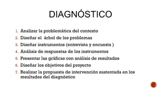 DIAGNÓSTICO
1. Analizar la problemática del contexto
2. Diseñar el árbol de los problemas
3. Diseñar instrumentos (entrevista y encuesta )
4. Análisis de respuestas de los instrumentos
5. Presentar las gráficas con análisis de resultados
6. Diseñar los objetivos del proyecto
7. Realizar la propuesta de intervención sustentada en los
resultados del diagnóstico
 