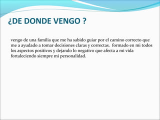 ¿DE DONDE VENGO ?
vengo de una familia que me ha sabido guiar por el camino correcto que
me a ayudado a tomar decisiones claras y correctas. formado en mi todos
los aspectos positivos y dejando lo negativo que afecta a mi vida
fortaleciendo siempre mi personalidad.
 