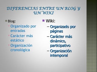  Blog:                   Wiki:
   Organizado   por       – Organizado por
    entradas                 páginas
   Carácter más           – Carácter más
    estático                 dinámico,
   Organización             participativo
    cronológica            – Organización
                             intemporal
 