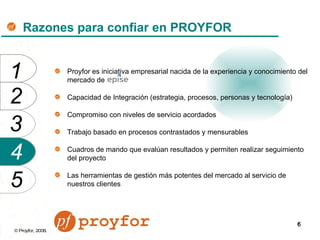 Razones para confiar en PROYFOR Proyfor es iniciativa empresarial nacida de la experiencia y conocimiento del mercado de Capacidad de Integración (estrategia, procesos, personas y tecnología) Compromiso con niveles de servicio acordados Trabajo basado en procesos contrastados y mensurables Cuadros de mando que evalúan resultados y permiten realizar seguimiento del proyecto Las herramientas de gestión más potentes del mercado al servicio de nuestros clientes 