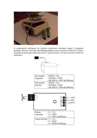 A continuación realizamos las distintas conexiones necesarias según el programa
diseñado. Para los conectores del BStamp podemos usar un conector molex de 12 pines
colocado de forma que sobren dos de los 3 pines de tierra. Así las conexiones serían las
siguientes:

Servomotor
izquierdo
Servomotor
derecho

Sensor
izquierda

ROJO = Vin
NEGRO = GND
BLANCO = PIN7 del BStamp
ROJO = Vin
NEGRO = GND
BLANCO = PIN6 del BStamp

1 = +5v
2 = GND
3 = PIN1 del BStamp
Sensor derecha 1 = +5v
2 = GND
3 = PIN0 del BStamp

 