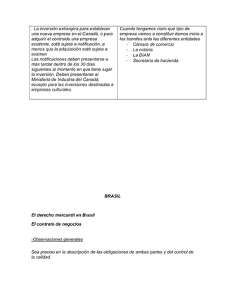 . La inversión extranjera para establecer   Cuando tengamos claro qué tipo de
una nueva empresa en el Canadá, o para      empresa vamos a constituir damos inicio a
adquirir el controlde una empresa           los tramites ante las diferentes entidades
existente, está sujeta a notificación, a        - Cámara de comercio
menos que la adquisición esté sujeta a          - La notaria
examen                                          - La DIAN
Las notificaciones deben presentarse a          - Secretaria de hacienda
más tardar dentro de los 30 días
siguientes al momento en que tiene lugar
la inversión. Deben presentarse al
Ministerio de Industria del Canadá,
excepto para las inversiones destinadas a
empresas culturales.




                                    BRASIL



El derecho mercantil en Brasil

El contrato de negocios


-Observaciones generales

Sea preciso en la descripción de las obligaciones de ambas partes y del control de
la calidad.
 