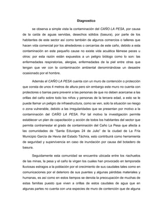 Diagnostico
se observa a simple vista la contaminación del CAÑO LA PESA, por causa
de la caída de aguas servidas, desechos sólidos (basura), por parte de los
habitantes de este sector así como también de algunos comercios o talleres que
hacen vida comercial por los alrededores o cercanías de este caño, debido a esta
contaminación en este pequeño cause no existe vida acuática llámese peces u
otros: por esta razón están expuestos a un peligro biólogo como lo son: las
enfermedades respiratorias, alergias, enfermedades de la piel entre otras que
tengan que ver con la contaminación ambiental denominándose un desastre
ocasionado por el hombre.
Además el CAÑO LA PESA cuenta con un muro de contención o protección
que consta de unos 4 metros de altura pero sin embargo este muro no cuenta con
protectores o barras para prevenir a las personas de que no deben acercarse a las
orillas del caño sobre todo los niños y personas de la tercera edad, a esto se le
puede llamar un peligro de infraestructura, como se ven, solo la situación se riesgo
o zona vulnerable, debido a las irregularidades que se presentan por motivo a la
contaminación del CAÑO LA PESA. Por tal motivo la investigación permite
establecer un plan de capacitación y acción de todos los habitantes del sector que
permita contrarrestar el grado de contaminación del Caño La Pesa que afecta a
las comunidades de “Santa Eduviges 24 de Julio” de la ciudad de La Fría
Municipio García de Hevia del Estado Táchira, esto contribuirá como herramienta
de seguridad y supervivencia en caso de inundación por causa del botadero de
basura.
Seguidamente esta comunidad se encuentra ubicada entre los riachuelos
de las minas, la pesa y el caño la virgen los cuales han provocado en temporada
lluviosas estragos a la población por el crecimiento de sus caudales tales como en
comunicaciones por el deterioro de sus puentes y algunas pérdidas materiales y
humanas, es así como en estos tiempos se denota la preocupación de muchas de
estas familias puesto que viven a orillas de estos caudales de agua que en
algunas partes no cuenta con una especies de muro de contención que de alguna

 