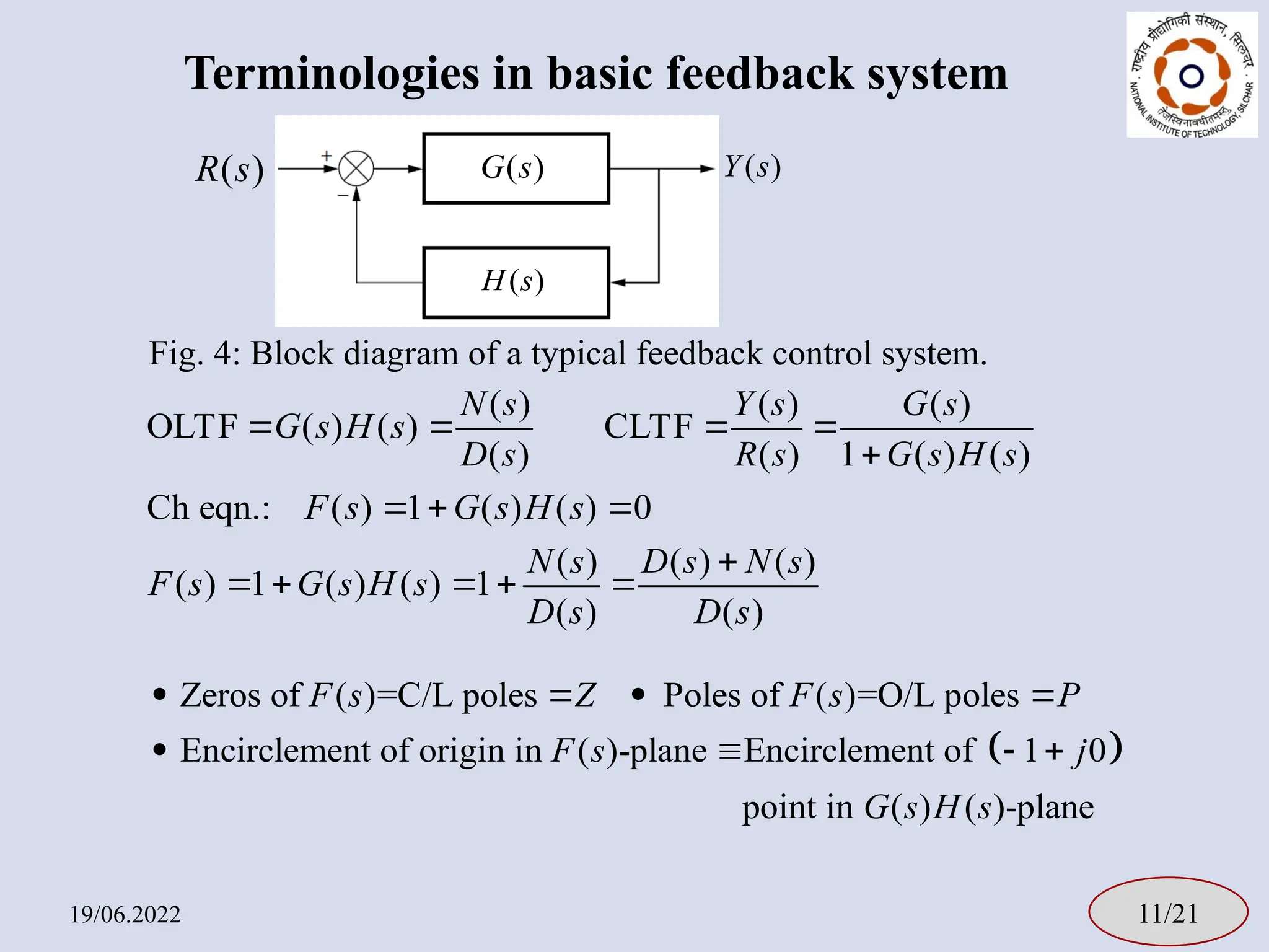 Terminologies in basic feedback system
19/06.2022 11/21
( ) ( ) ( )
OLTF ( ) ( ) CLTF
( ) ( ) 1 ( ) ( )
Ch eqn.: ( ) 1 ( ) ( ) 0
( ) ( ) ( )
( ) 1 ( ) ( ) 1
( ) ( )
N s Y s G s
G s H s
D s R s G s H s
F s G s H s
N s D s N s
F s G s H s
D s D s
   

  

    
( )
G s
( )
H s
( )
R s ( )
Y s
Fig. 4: Block diagram of a typical feedback control system.
 
Zeros of ( )=C/L poles Poles of ( )=O/L poles
Encirclement of origin in ( )-plane Encirclement of 1 0
point in ( ) ( )-pl
F s Z F s P
F s j
G s H s
   
   
ane
 