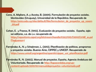 Cano, A, Migliaro, A. y Acosta, B. (2009). Formulación de proyectos sociales.
Montevideo (Uruguay), Universidad de la República. Recuperado de
https://psico.edu.uy/sites/default/files/formulacion_de_proyectos_up_sceam
_09.pdf
Cohen, E. y Franco, R. (1992). Evaluación de proyectos sociales. España, siglo
xxi editores, s.a. de c.v. recuperado de
https://repositorio.cepal.org/bitstream/handle/11362/1915/S3092C678E_es.pd
f?sequence=1
Fernández A., N. y Schejtman, L. (2012). Planificación de políticas, programas
y proyectos sociales. Buenos Aires, CIPPEC y UNICEF. Recuperado de
https://www.unicef.org/argentina/spanish/cippec_uni_planificacion.pdf
Fernández R., N. (2002). Manual de proyectos. España, Agencia Andaluza del
Voluntariado. Recuperado de http://fapacordoba.org/wp-
content/uploads/2010/10/manualdeproyectos-voluntariado.pdf
 