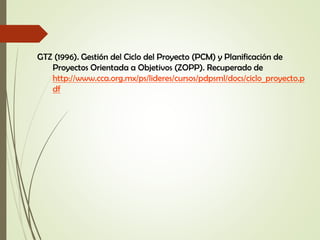 GTZ (1996). Gestión del Ciclo del Proyecto (PCM) y Planificación de
Proyectos Orientada a Objetivos (ZOPP). Recuperado de
http://www.cca.org.mx/ps/lideres/cursos/pdpsml/docs/ciclo_proyecto.p
df
 