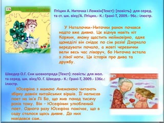 Птіцин А. Ниточка і Ложкін[Текст]: [повість]: для серед.
та ст. шк. віку/А. Птіцин.- К.: Грані-Т, 2009.- 96с.: ілюстр.
Шведер О.Г. Сни шовкопряда [Текст]: повість: для мол.
та серед. шк. віку/О. Г. Шведер.- К.: Грані-Т, 2009.- 136с.:
ілюстр.
У Наталочки-Ниточки ранок почався
надто вже дивно. Це відчув навіть кіт
Коржик, якому щастить неймовірно, адже
щонеділі він снідає по сім разів! Дзеркало
вередувати почало, а жовті черевички
вели весь час ліворуч, бо Ниточка встала
з лівої ноги. Ця історія про дива та
дружбу.
Юсефіна з мамою Анемоною читають
збірку давніх китайських віршів. Її написав
поет на ім’я Лі Бо, що жив понад тисячу
років тому. Він – Юсефінин улюблений
поет. Одного разу Юсефіна помічає, що в
саду сталося щось дивне. До них
навідався сам…
 
