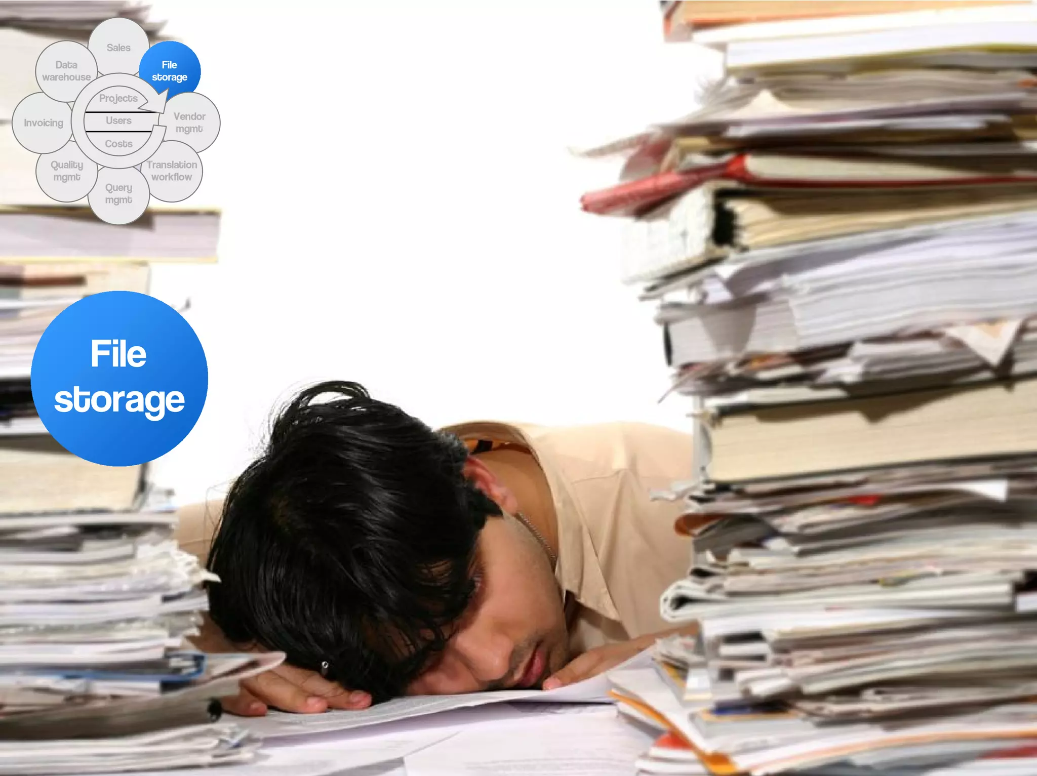 Sales
      Data                    File
    warehouse               storage

                Projects

                 Users          Vendor
Invoicing
                                mgmt
                 Costs

      Quality              Translation
      mgmt                  workflow
                 Query
                 mgmt




        File
      storage
 