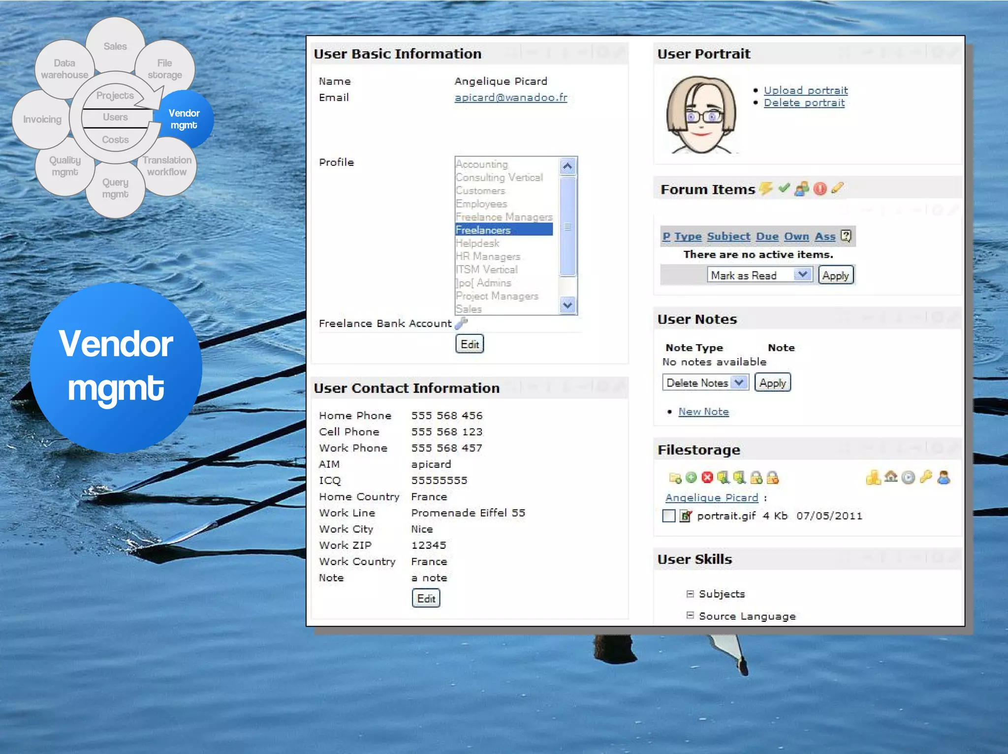 Sales
      Data                    File
    warehouse               storage

                Projects

                 Users          Vendor
Invoicing
                                mgmt
                 Costs

      Quality              Translation
      mgmt                  workflow
                 Query
                 mgmt




        Vendor
        mgmt
 