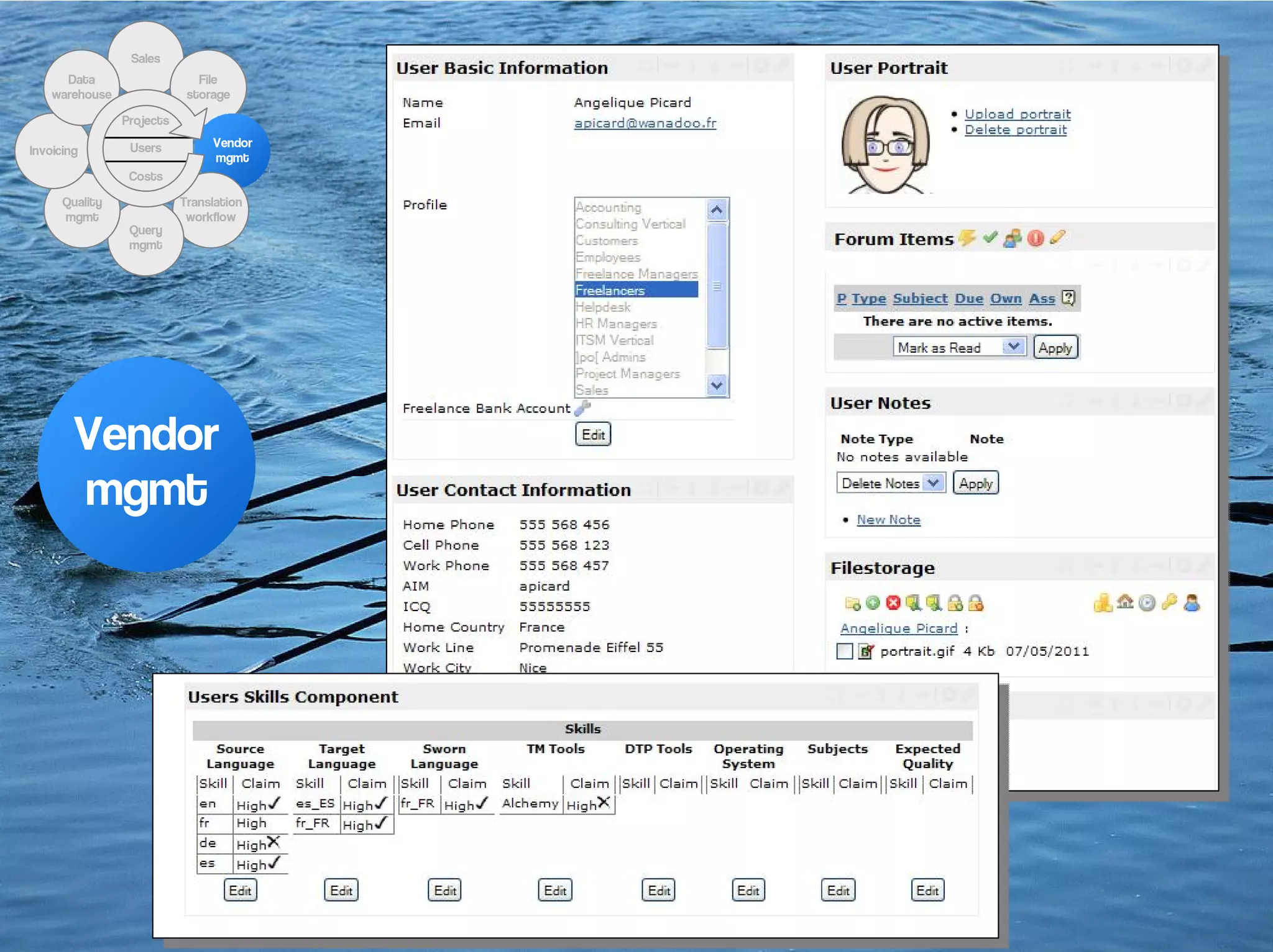 Sales
      Data                    File
    warehouse               storage

                Projects

                 Users          Vendor
Invoicing
                                mgmt
                 Costs

      Quality              Translation
      mgmt                  workflow
                 Query
                 mgmt




        Vendor
        mgmt
 