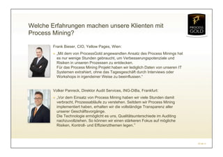 Welche Erfahrungen machen unsere Klienten mit
Process Mining?

        Frank Bieser, CIO, Yellow Pages, Wien:
        ! „Mit dem von ProcessGold angewandten Ansatz des Process Minings hat
          es nur wenige Stunden gebraucht, um Verbesserungspotenziale und
          Risiken in unseren Prozessen zu entdecken.
          Für das Process Mining Projekt haben wir lediglich Daten von unseren IT
          Systemen extrahiert, ohne das Tagesgeschäft durch Interviews oder
          Workshops in irgendeiner Weise zu beeinflussen.“


        Volker Panreck, Direktor Audit Services, ING-DiBa, Frankfurt:
        ! „Vor dem Einsatz von Process Mining haben wir viele Stunden damit
          verbracht, Prozessabläufe zu verstehen. Seitdem wir Process Mining
          implementiert haben, erhalten wir die vollständige Transparenz aller
          unserer Geschäftsvorgänge.
          Die Technologie ermöglicht es uns, Qualitätsunterschiede im Auditing
          nachzuvollziehen. So können wir einen stärkeren Fokus auf mögliche
          Risiken, Kontroll- und Effizienzthemen legen.



                                                                                    07.04.11
 