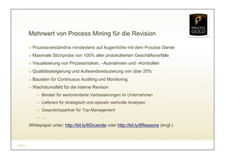 Mehrwert von Process Mining für die Revision

           ! Prozessverständnis mindestens auf Augenhöhe mit dem Process Owner
           ! Maximale Stichprobe von 100% aller protokollierten Geschäftsvorfälle
           ! Visualisierung von Prozessrisiken, –Ausnahmen und –Kontrollen
           ! Qualitätssteigerung und Aufwandsreduzierung von über 20%
           ! Baustein für Continuous Auditing und Monitoring
           ! Wachstumsfeld für die interne Revison
               ! Berater für wertorientierte Verbesserungen im Unternehmen
               ! Lieferant für strategisch und operativ wertvolle Analysen
               ! Gesprächspartner für Top-Management
               ! ...
           Whitepaper unter: http://bit.ly/6Gruende oder http://bit.ly/6Reasons (engl.)



07.04.11
 