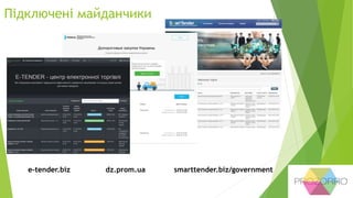 Підключені майданчики
e-tender.biz dz.prom.ua smarttender.biz/government
 