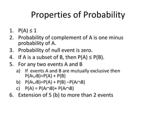 Properties of Probability
1. P(A) ≤ 1
2. Probability of complement of A is one minus
probability of A.
3. Probability of null event is zero.
4. If A is a subset of B, then P(A) ≤ P(B).
5. For any two events A and B
a) If events A and B are mutually exclusive then
P(AB)=P(A) + P(B)
b) P(AB)=P(A) + P(B) –P(AB)
c) P(A) = P(AB)+ P(AB)
6. Extension of 5 (b) to more than 2 events
 