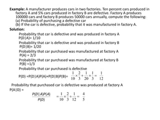 Example: A manufacturer produces cars in two factories. Ten percent cars produced in
factory A and 5% cars produced in factory B are defective. Factory A produces
100000 cars and factory B produces 50000 cars annually, compute the following:
(a) Probability of purchasing a defective car
(b) If the car is defective, probability that it was manufactured in factory A.
Solution:
Probability that car is defective and was produced in factory A
P(D|A)= 1/10
Probability that car is defective and was produced in factory B
P(D|B)= 1/20
Probability that car purchased was manufactured at factory A
P(A) = 2/3
Probability that car purchased was manufactured at factory B
P(B) =1/3
Probability that car purchased is defective
P(D) =P(D|A)P(A)+P(D|B)P(B)=
Probability that purchased car is defective was produced at factory A
P(A|D) =




3
1
20
1
3
2
10
1
12
1
)
(
)
(
)
|
(
D
P
A
P
A
D
P




12
1
3
2
10
1
5
4
 