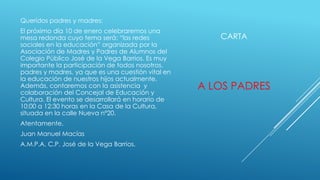 Queridos padres y madres:
El próximo día 10 de enero celebraremos una
mesa redonda cuyo tema será: “las redes
sociales en la educación” organizada por la
Asociación de Madres y Padres de Alumnos del
Colegio Público José de la Vega Barrios. Es muy
importante la participación de todos nosotros,
padres y madres, ya que es una cuestión vital en
la educación de nuestros hijos actualmente.
Además, contaremos con la asistencia y
colaboración del Concejal de Educación y
Cultura. El evento se desarrollará en horario de
10:00 a 12:30 horas en la Casa de la Cultura,
situada en la calle Nueva nº20.
Atentamente.
Juan Manuel Macías
A.M.P.A. C.P. José de la Vega Barrios.

CARTA

A LOS PADRES

 