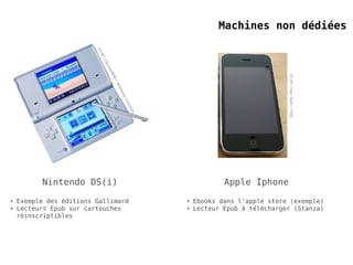 Machines non dédiées




                         CC
                          BY-
                            // S
                                oc
                                   ra
                                   m8




                                                                                         CC-BY // Dan Taylor // Flickr
                                     88
                                       8/
                                        /W
                                         ik im
                                             ed
                                               ia
                                                  C
                                                 om
                                                    m on
                                                        s




          Nintendo DS(i)                                                Apple Iphone
●   Exemple des éditions Gallimard                          ●   Ebooks dans l'apple store (exemple)
●   Lecteurs Epub sur cartouches                            ●   Lecteur Epub à télécharger (Stanza)
    réinscriptibles
 