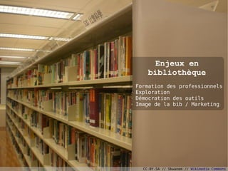 Enjeux en
        bibliothèque
●
    Formation des professionnels
●
    Exploration
●
    Démocration des outils
●
    Image de la bib / Marketing




                                       35

      CC-BY-SA // Skwanem // Wikimedia Commons
 