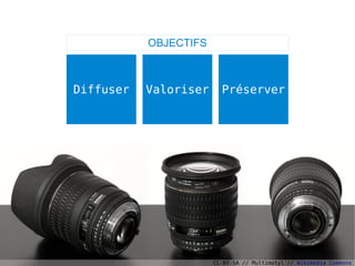 OBJECTIFS



Diffuser   Valoriser     Préserver




                       CC-BY-SA // Multimotyl // Wikimedia Commons
 