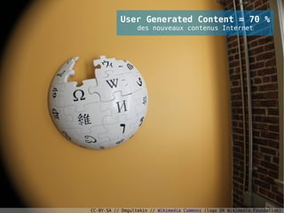 User Generated Content = 70 %
                  des nouveaux contenus Internet




CC-BY-SA // Dmgultekin // Wikimedia Commons (logo DR Wikimedia Foundation)
 