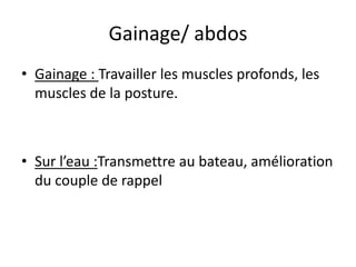 Gainage/ abdosGainage : Travailler les muscles profonds, les muscles de la posture.Sur l’eau :Transmettre au bateau, amélioration du couple de rappel  