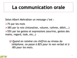 La communication orale

Selon Albert Mehrabian un message c’est :
7% par les mots
38% par la voix (intonation, volume, rythme, débit,..)
55% par les gestes et expressions (sourires, gestes des
mains, regard, look, etc…)

    Quand on ramène ces chiffres au niveau du
    téléphone, on passe à 82% pour le non verbal et à
    18% pour les mots.

                                                           4
 