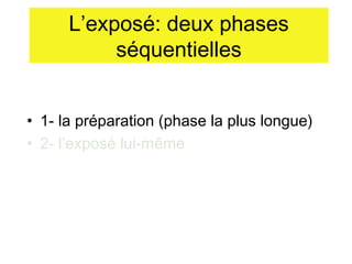 L’exposé: deux phases
séquentielles
• 1- la préparation (phase la plus longue)
• 2- l’exposé lui-même

 