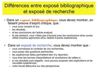 Différences entre exposé bibliographique
et exposé de recherche
•

Dans un exposé bibliographique vous devez montrer, en
faisant preuve d’esprit critique, que :
–
–
–
–

vous avez compris le but,
les résultats,
et les conclusions de l’article analysé,
le cas échéant, vous n’êtes pas d’accord avec les conclusions et/ou auriez
utilisé d’autres approches et/ou réalisé d’autres expériences

• Dans un exposé de recherche, vous devez montrer que :
–
–
–
–
–

vous connaissez le contexte de vos recherches,
vous posez des questions pertinentes,
les expériences faites permettent bien d’y répondre,
vous tirez les bonnes interprétations et conclusions de celles-ci,
si vos résultats sont négatifs, vous pouvez proposer des explications et de
nouvelles expériences,
– votre travail débouche sur des perspectives.

 