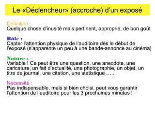 Le «Déclencheur» (accroche) d’un exposé
Définition :
Quelque chose d’inusité mais pertinent, approprié, de bon goût
Rôle :
Capter l’attention physique de l’auditoire dès le début de
l’exposé (s’apparente un peu à une bande-annonce au cinéma)
Nature :
Variable ! Ce peut être une question, une anecdote, une
caricature, un fait d’actualité, une photographie, un objet, un
titre de journal, une citation, une statistique …..
Nécessité :
Pas indispensable, mais si bien choisi, peut vous garantir
l’attention de l’auditoire pour les 3 prochaines minutes !

 
