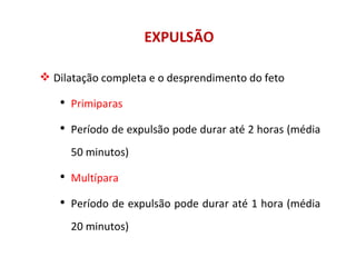 EXPULSÃO Dilatação completa e o desprendimento do feto Primiparas Período de expulsão pode durar até 2 horas (média 50 minutos) Multípara  Período de expulsão pode durar até 1 hora (média 20 minutos) 