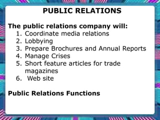 PUBLIC RELATIONS
The public relations company will:
1. Coordinate media relations
2. Lobbying
3. Prepare Brochures and Annual Reports
4. Manage Crises
5. Short feature articles for trade
magazines
6. Web site
Public Relations Functions
 