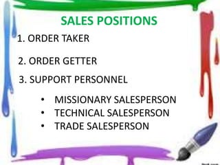 SALES POSITIONS
1. ORDER TAKER
2. ORDER GETTER
3. SUPPORT PERSONNEL
• MISSIONARY SALESPERSON
• TECHNICAL SALESPERSON
• TRADE SALESPERSON
 