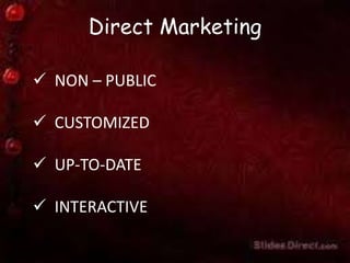 Direct Marketing
 NON – PUBLIC
 CUSTOMIZED
 UP-TO-DATE
 INTERACTIVE
 