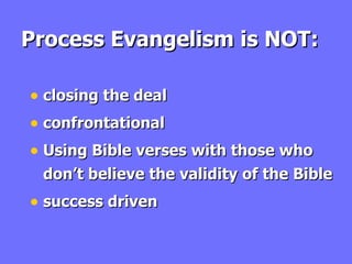 Process Evangelism is NOT: closing the deal confrontational  Using Bible verses with those who don’t believe the validity of the Bible success driven 