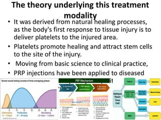 The theory underlying this treatment
modality
• It was derived from natural healing processes,
as the body's first response to tissue injury is to
deliver platelets to the injured area.
• Platelets promote healing and attract stem cells
to the site of the injury.
• Moving from basic science to clinical practice,
• PRP injections have been applied to diseased
ligaments, tendons, and joints, with superb
outcomes in terms of repair
 