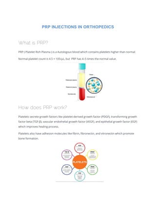 PRP INJECTIONS IN ORTHOPEDICS
What is PRP?
PRP ( Platelet Rich Plasma ) is a Autologous blood which contains platelets higher than normal.
Normal platelet count is 4.5 × 105/μL, but PRP has 4–5 times the normal value.
How does PRP work?
Platelets secrete growth factors like platelet-derived growth factor (PDGF), transforming growth
factor beta (TGF-β), vascular endothelial growth factor (VEGF), and epithelial growth factor (EGF)
which improves healing process.
Platelets also have adhesion molecules like fibrin, fibronectin, and vitronectin which promote
bone formation.
 