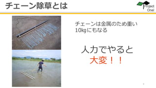 8
チェーン除草とは
チェーンは金属のため重い
10㎏にもなる
人力でやると
大変！！
 