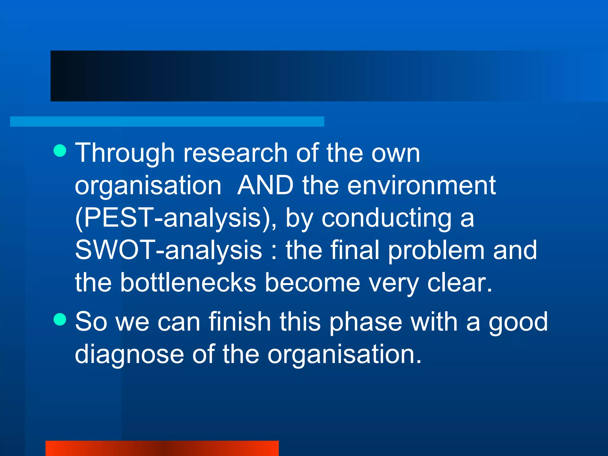  Through research of the own
  organisation AND the environment
  (PEST-analysis), by conducting a
  SWOT-analysis : the final problem and
  the bottlenecks become very clear.
 So we can finish this phase with a good
  diagnose of the organisation.
 
