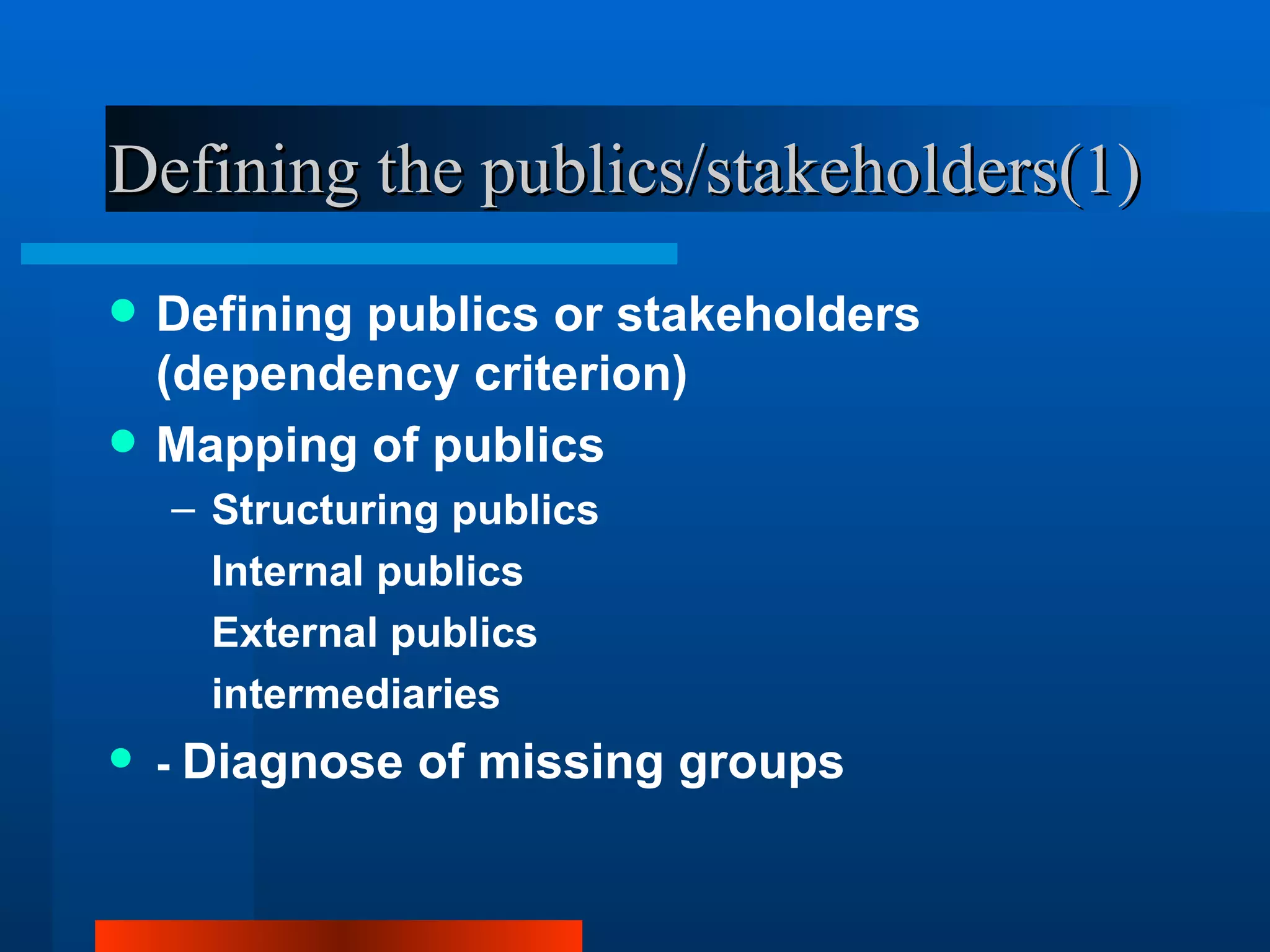 Defining the publics/stakeholders(1)
   Defining publics or stakeholders
    (dependency criterion)
   Mapping of publics
    – Structuring publics
      Internal publics
      External publics
      intermediaries
   - Diagnose of missing groups
 