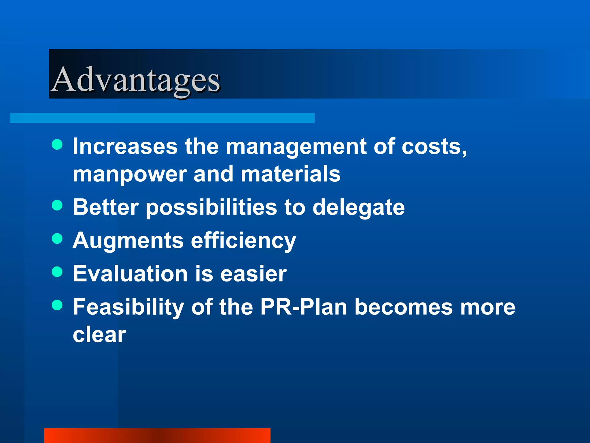 Advantages
   Increases the management of costs,
    manpower and materials
   Better possibilities to delegate
   Augments efficiency
   Evaluation is easier
   Feasibility of the PR-Plan becomes more
    clear
 